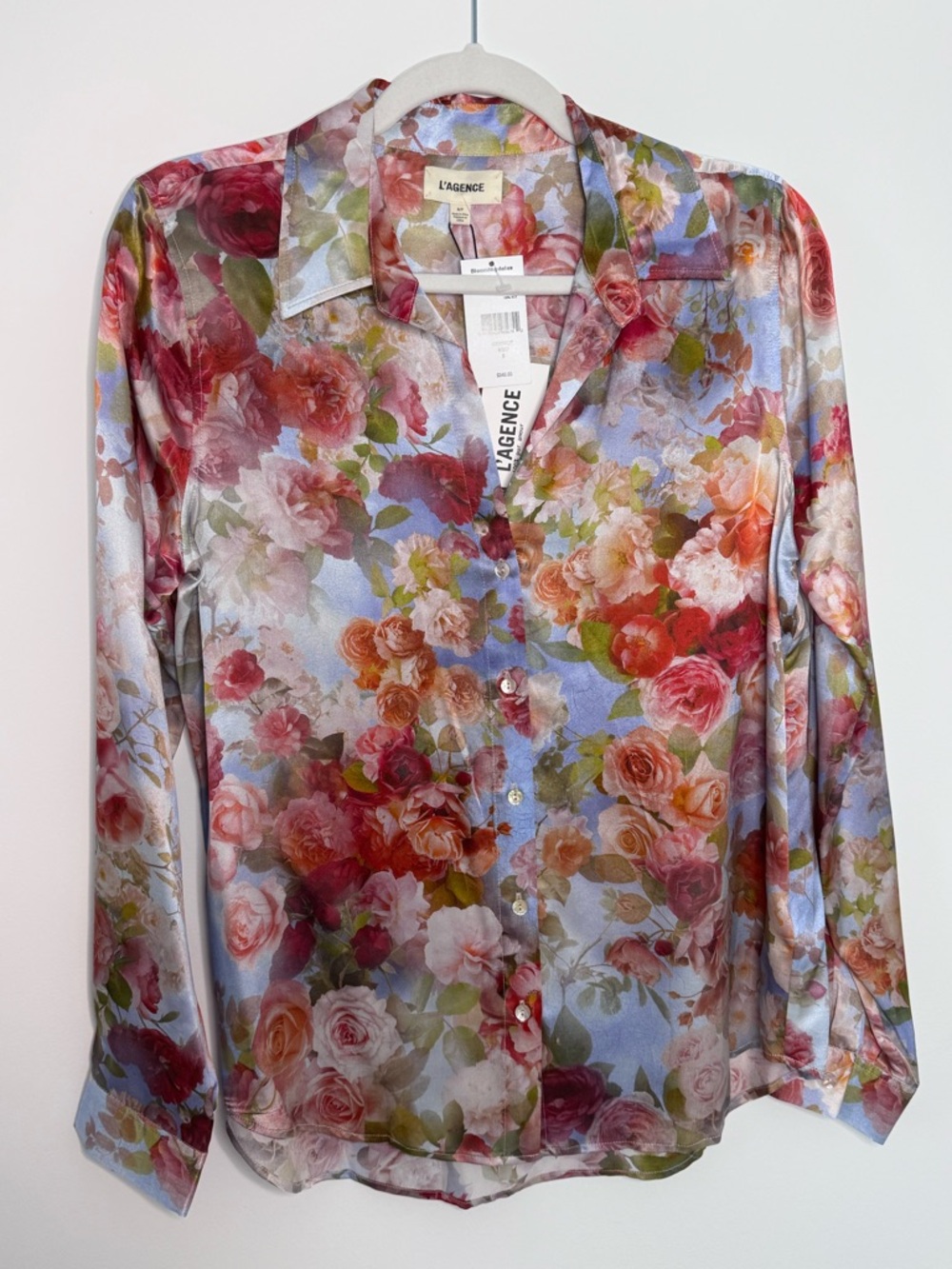 L'AGENCE Pastel Floral Satin Button-Up in Pink and Green